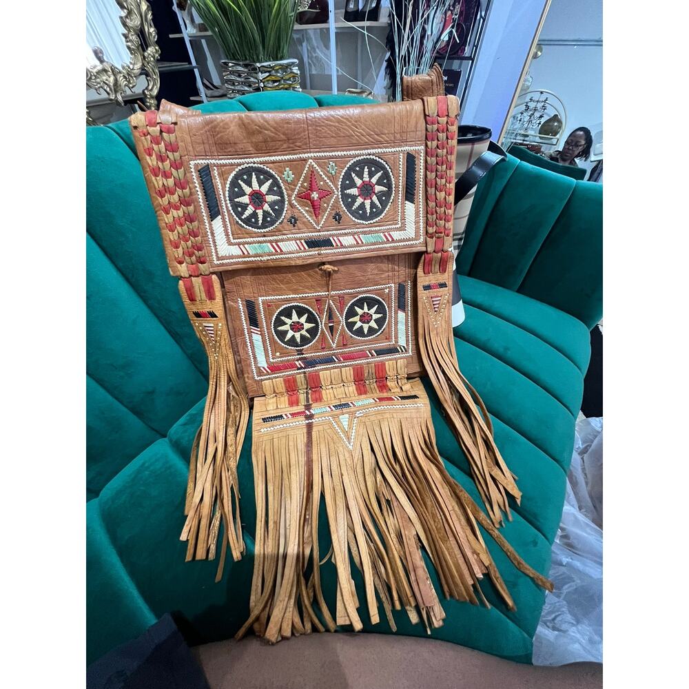 Vintage Tuareg Berber Leather Fringe Bag Handcrafted North African Satchel